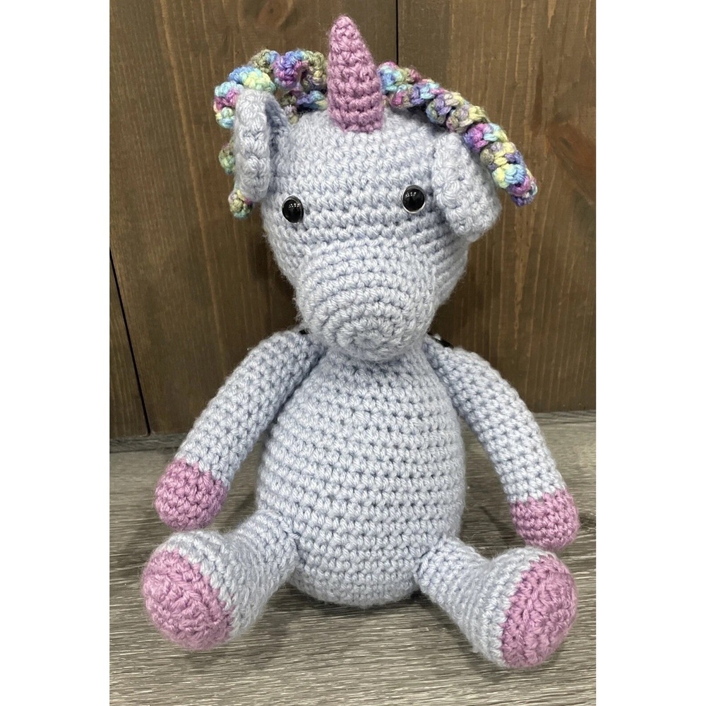 Handmade Crochet Plush Unicorn with Pastel Blue Purple And Yellow 14 Inches